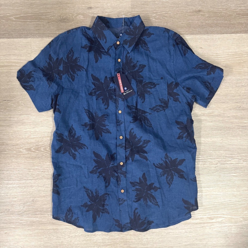 NWT Ben Sherman Button Down Shirt Mens Large Navy Hawaiian Floral Linen Blend
